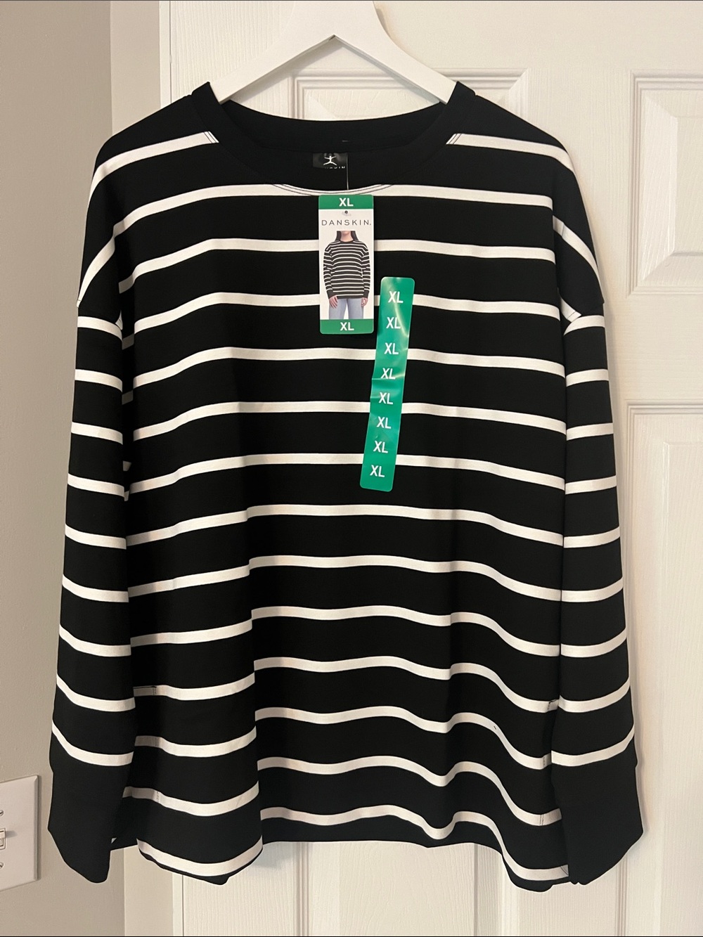 Danskin Black and White Striped Crew Neck Sweater